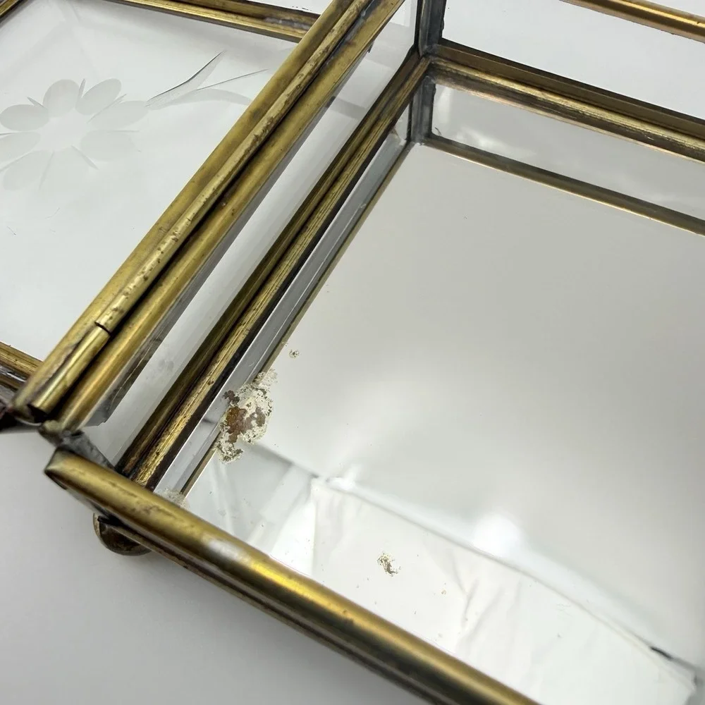 Mirrored Glass Jewelry Box Brass Trinket Etched Flower Lid Storage Display 4x4x2